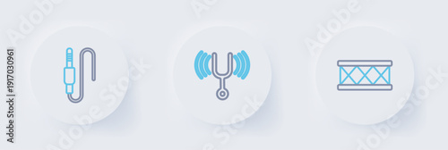 Set line Drum, Musical tuning fork and Audio jack icon. Vector