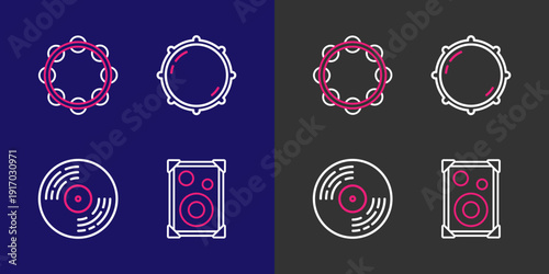 Set line Stereo speaker, Vinyl disk, Dial knob level and Tambourine icon. Vector