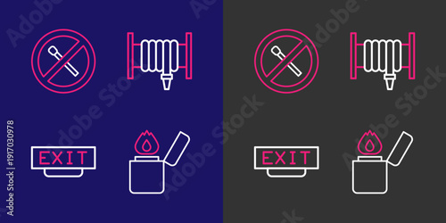 Set line Lighter, Fire exit, hose reel and No fire match icon. Vector