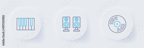 Set line Vinyl disk, Stereo speaker and Grand piano icon. Vector