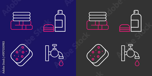 Set line Water tap, Sponge, Bottle of shampoo and Towel stack icon. Vector