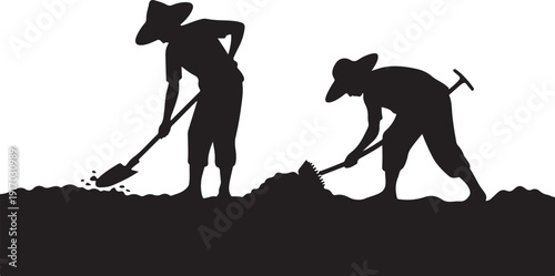 Two people digging with shovels and pickaxe in silhouette