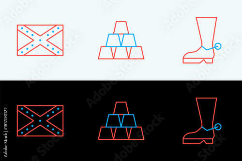 Set line Cowboy boot, Flag Confederate and Gold bars icon. Vector