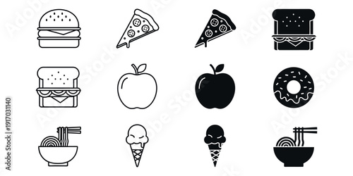 Black and white food including burger sandwich pizza slice apple donut ice cream food black and white