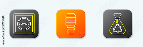 Set line Electrical outlet, LED light bulb and Garbage bag with recycle icon. Vector