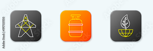 Set line Electric tower, Propane gas tank and Earth globe and leaf icon. Vector