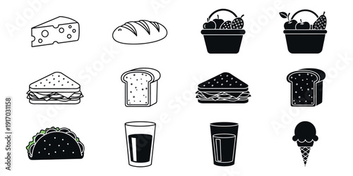 Black and white food including cheese bread sandwiches and drinks