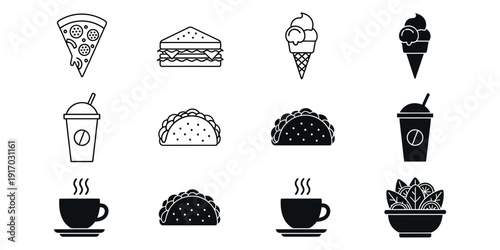 Black and white food including pizza slice sandwich ice cream drink