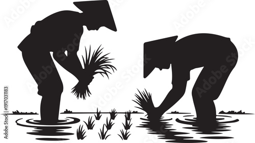 Two People Planting Rice in Water Silhouette