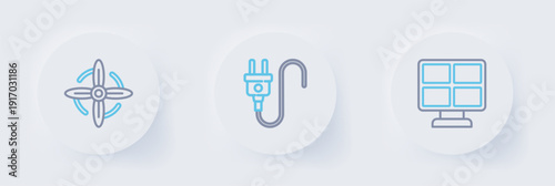 Set line Solar energy panel, Electric plug and Wind turbine icon. Vector