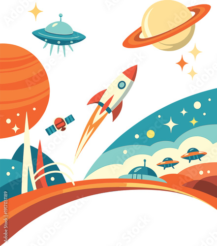 Vector template of space posters featuring 1950s-1960s colors and shapes in a mid-century modern space-age style background