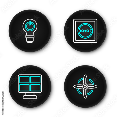 Set line Wind turbine, Solar energy panel, Electrical outlet and Light bulb with lightning icon. Vector