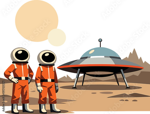 In a desolate alien terrain, two people wearing orange suits and oversized, eye-shaped helmets stand beside a retro‑futuristic saucer, conjuring the surreal aesthetic of 1960s Italian science fiction