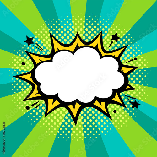 A bright green and turquoise pop‑art retro background featuring halftone comic style, vector illustration eps