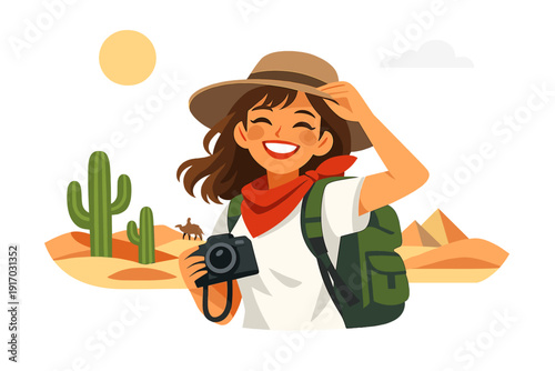 A daring woman on a desert vacation smiles, showing how much she enjoys her trip