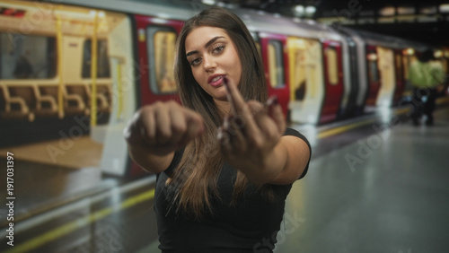 Quadro em tela Woman showing middle finger with hands extended toward camera on subway platform beside stopped train; defiance attitude