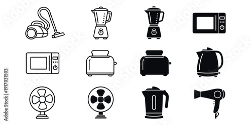 Black and white kitchen and household appliance vacuum cleaner blender microwave toaster kettle
