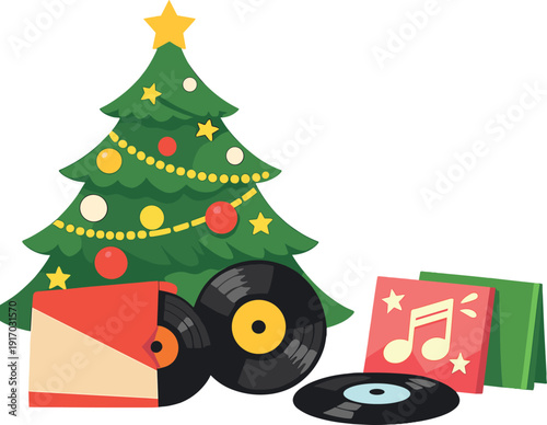 Vinyl records against a Christmas tree backdrop, evoking a retro music vibe, with space for copy