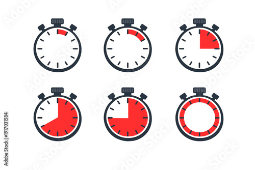 A collection of six stopwatch icons, each featuring a red progress ring that marks and 60 minutes, offering a simple, clean design for managing time and countdowns
