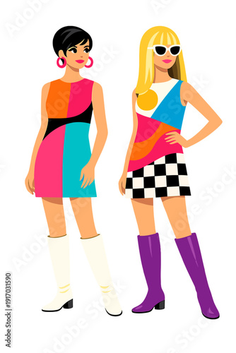 Bright colors and bold geometric patterns give the 60s mod style a contemporary flair on shift dresses and knee‑high boots