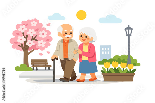 An elderly couple enjoys a relaxed walk along the city streets in spring