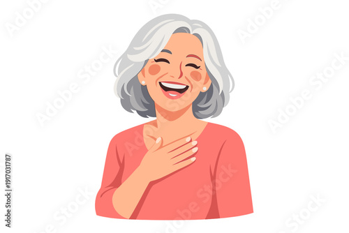 A 60-year-old elderly model with grey hair, laughing and smiling, stands alone against a white background