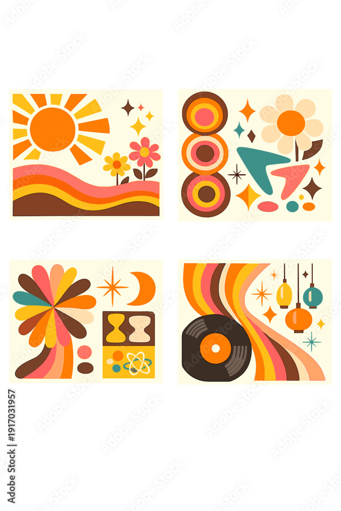 Fototapeta premium Vector abstract templates for retro party posters and covers featuring 1960s background sets, 60s colors and shapes, and mid‑century modern graphic styles