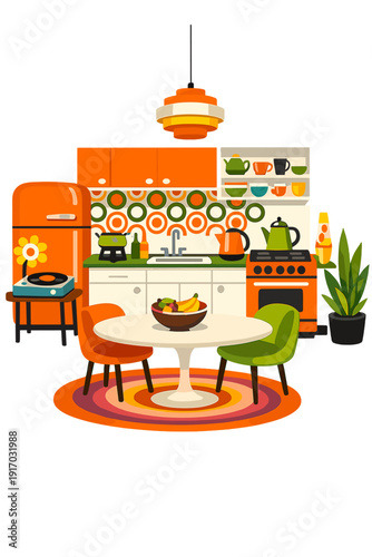 Step back into the groovy past: a lively, chic retro 1960s mod kitchen interior