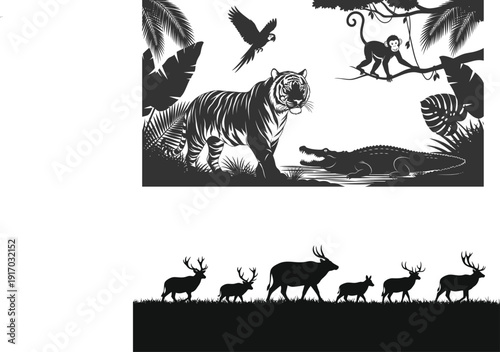 Black and white illustration of animals in forest and deer silhouettes