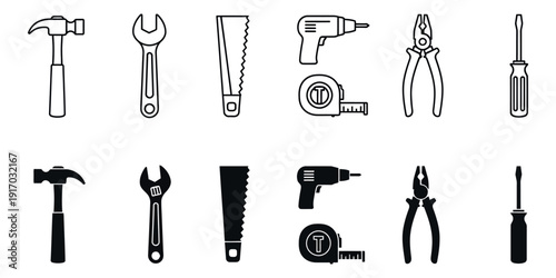 Black and white line of various hand tools line black and white hammer wrench