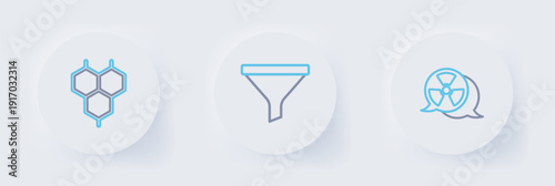 Set line Radioactive, Funnel or filter and Chemical formula icon. Vector
