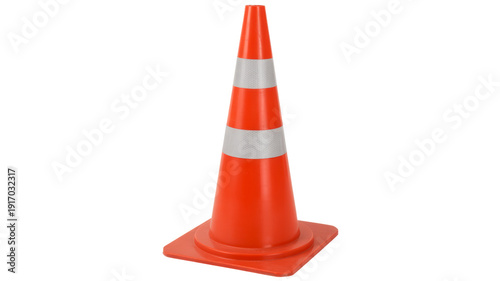Foto Bright orange traffic cone with reflective white stripes on plain background