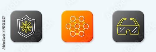 Set line Shield protecting from virus, Molecule and Safety goggle glasses icon. Vector