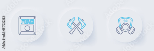 Set line Gas mask, Firefighter axe and alarm system icon. Vector