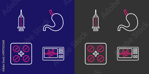 Set line Monitor with cardiogram, Pills in blister pack, Human stomach and Syringe icon. Vector