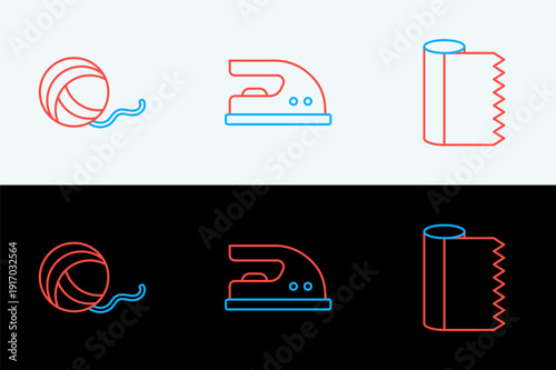 Set line Textile fabric roll, Yarn ball and Electric iron icon. Vector
