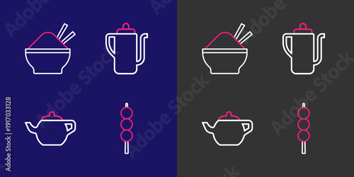 Set line Meatballs on wooden stick, Chinese tea ceremony, and Rice bowl with chopstick icon. Vector