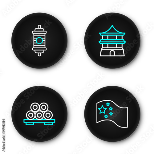 Set line China flag, Sushi on cutting board, Chinese house and paper lantern icon. Vector