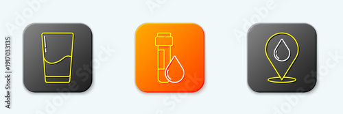 Set line Glass with water, Test tube drop and Water location icon. Vector