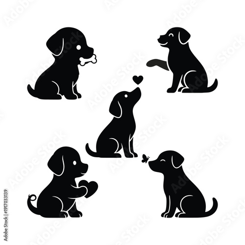 Cute Puppy Silhouette Set - Labrador Retriever Poses with Bone Heart Butterfly and Paw Shake