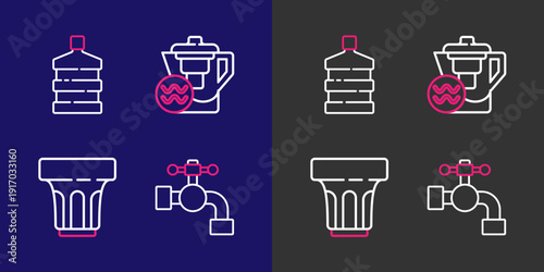 Set line Water tap, Glass with water, jug filter and Big bottle clean icon. Vector