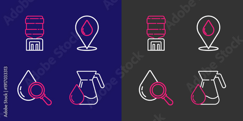 Set line Jug glass with water, Drop and magnifying, Water drop location and cooler icon. Vector