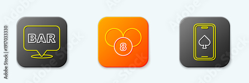 Set line Alcohol bar location, Lottery ball bingo card and Online poker table game icon. Vector