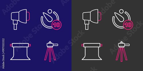 Set line Tripod, Empty photo studio, Camera timer and Softbox light icon. Vector