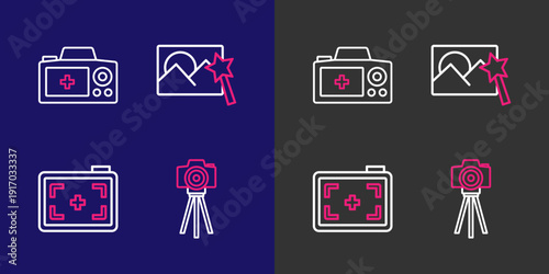 Set line Photo camera, retouching and icon. Vector