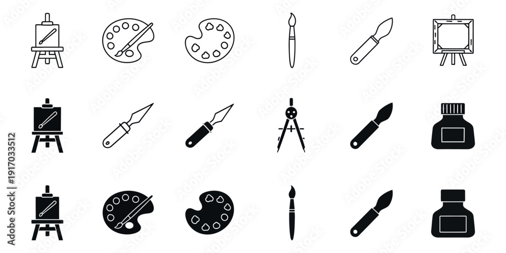 Obraz premium Black and white of painting tools and easels paintbrushes palette supplies
