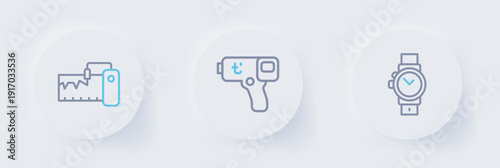 Set line Wrist watch, Digital thermometer and Measuring instrument icon. Vector