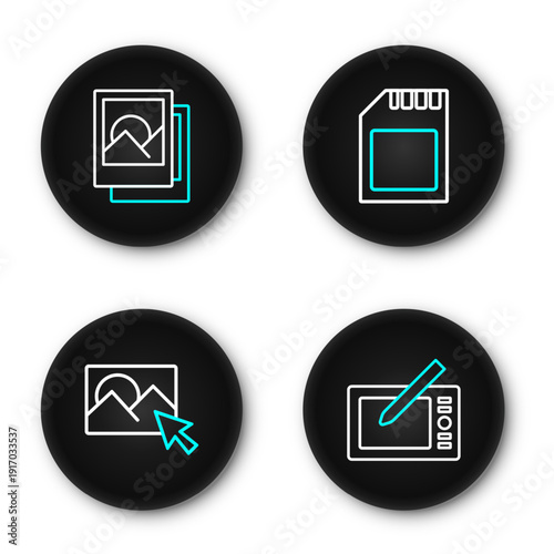 Set line Graphic tablet, Photo retouching, SD card and frame icon. Vector