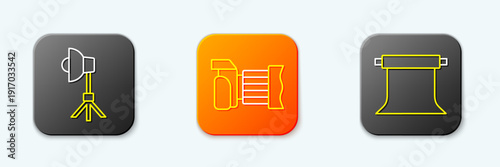 Set line Softbox light, Photo camera and Empty photo studio icon. Vector