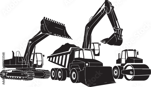 Black and white construction machinery excavator bulldozer